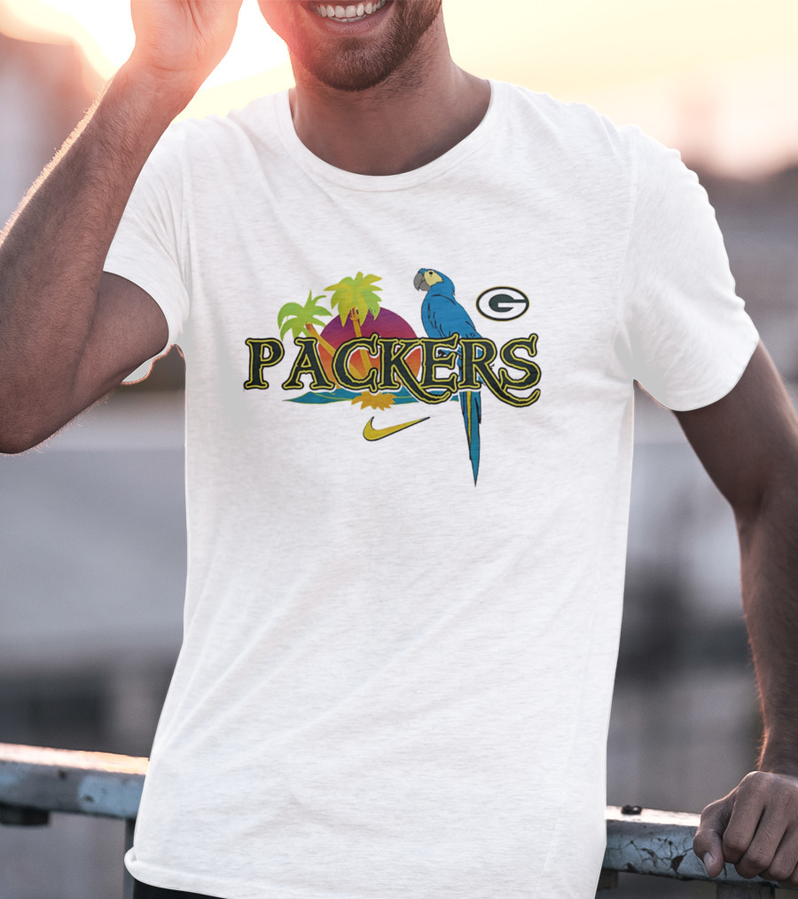 Packers Tropical Parrot Palm Trees G Logo Nike Fan Wear T-Shirt