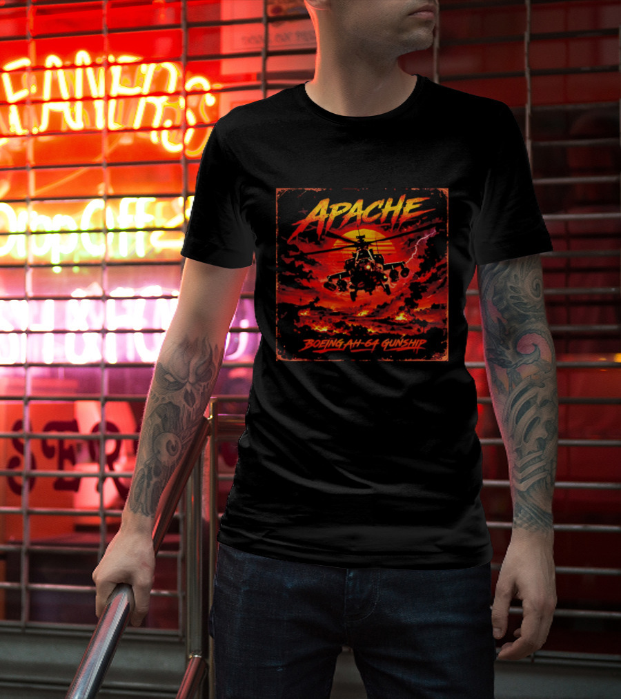 Apache Boeing AH 64 Gunship Sunset Storm Scene T-Shirt