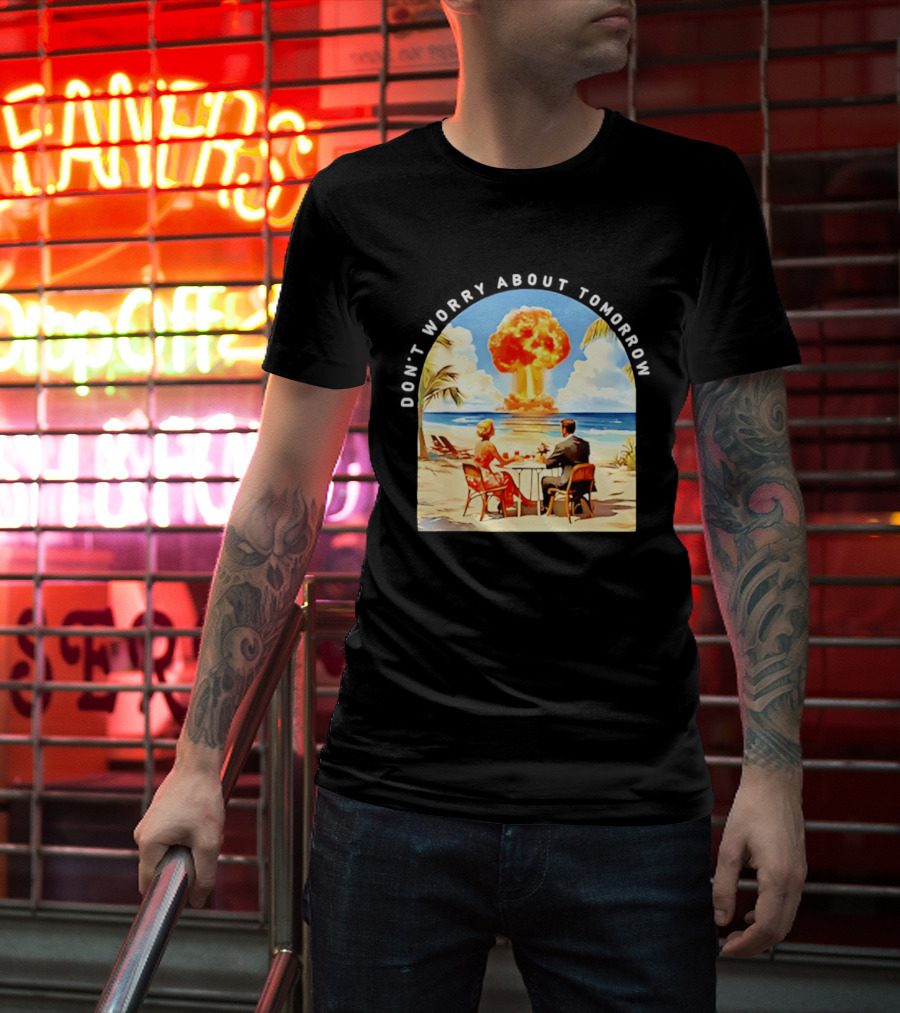 Don't Worry About Tomorrow Matthew 6 34 Atomic Age Retro Beach Explosion T-Shirt