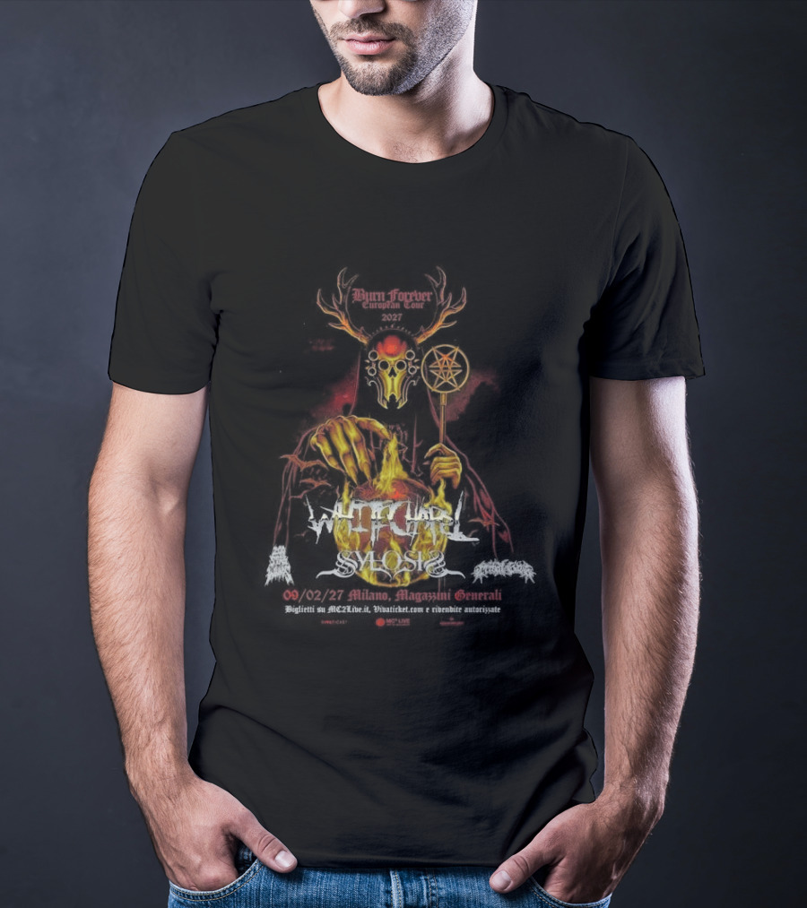 Whitechapel Burn Forever European Tour 2027 Schedule Tour Dates Demon Antlers Flames Cauldron Red Diamond Rod T-Shirt
