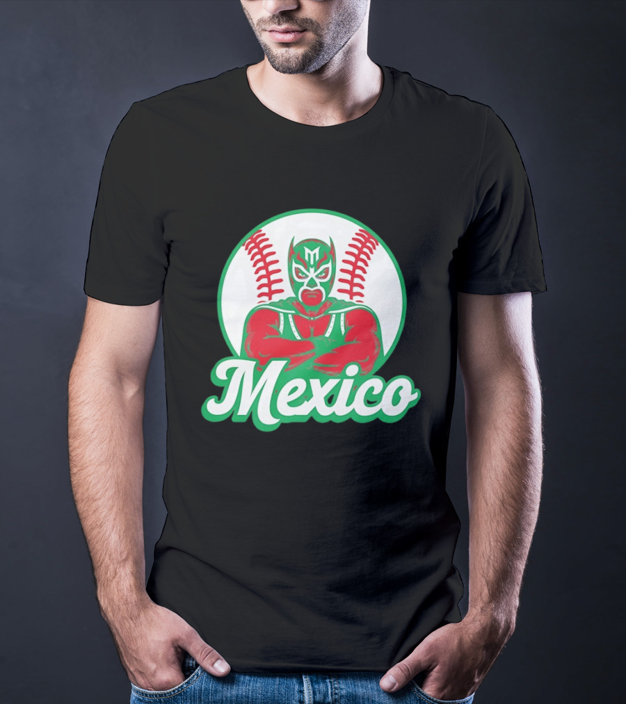 Mexico Luchador Baseball Mask Icon With Arms Crossed In Front Of Baseball Stitch T-Shirt