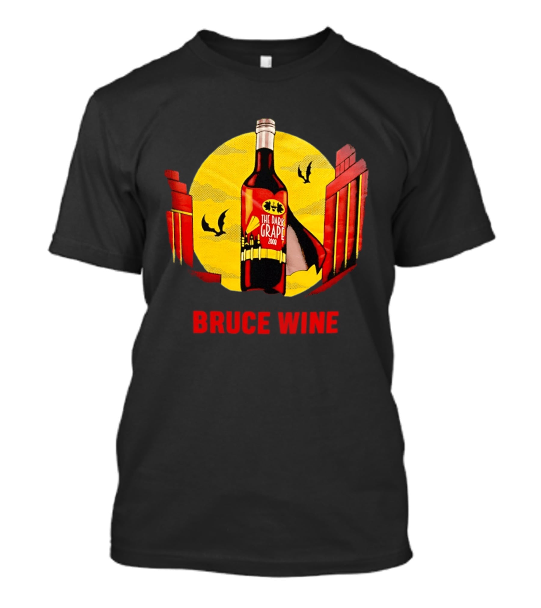 Bruce Wine The Dark Grape 2008 Bottle With Yellow Sun Bats And Gates T-Shirt
