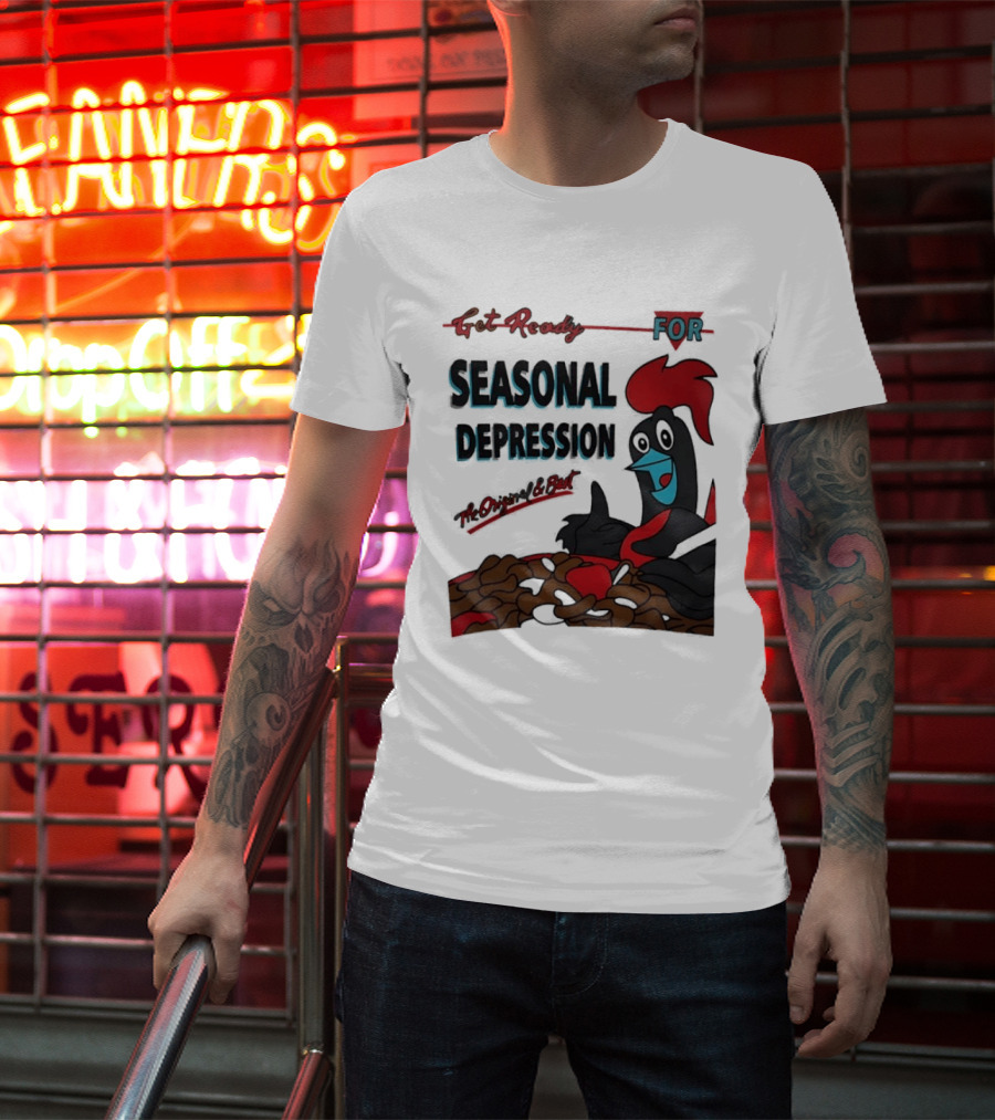 Get Ready For Seasonal Depression Rooster Cereal Red Black Cartoon T-Shirt