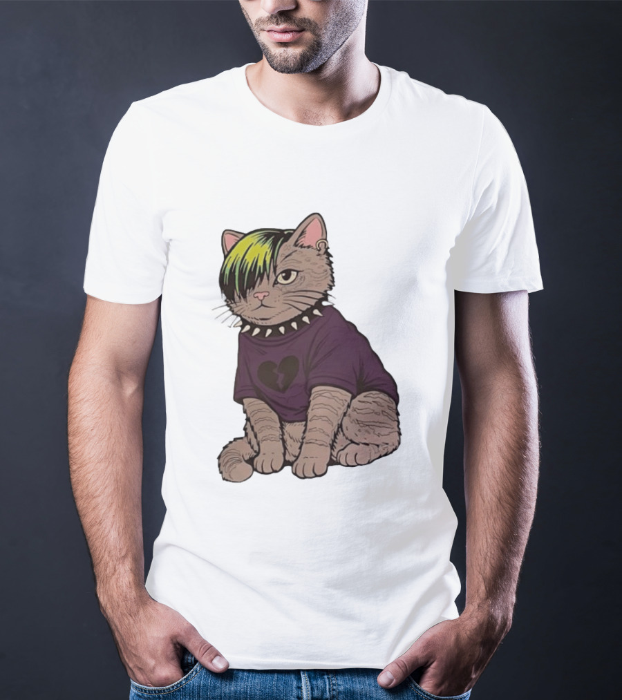 Emo Scene Cat With Heart Break Symbol And Spiked Collar T-Shirt