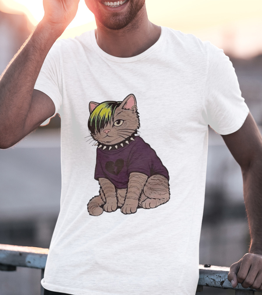 Emo Scene Cat With Heart Break Symbol And Spiked Collar T-Shirt
