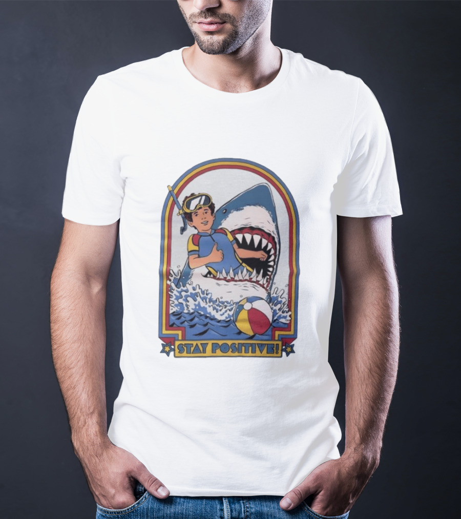 Stay Positive Scuba Boy In Great White Shark Mouth With Beach Ball T-Shirt