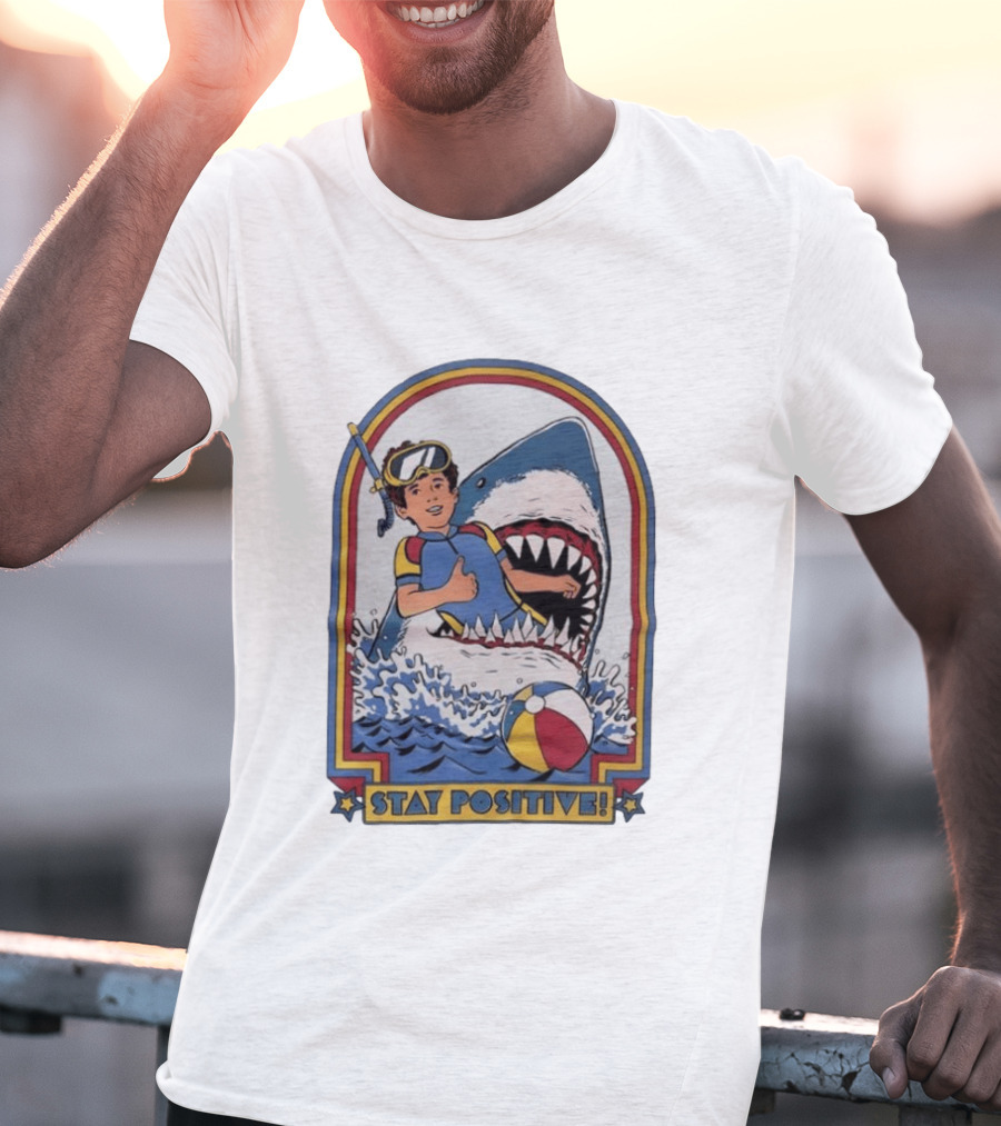 Stay Positive Scuba Boy In Great White Shark Mouth With Beach Ball T-Shirt