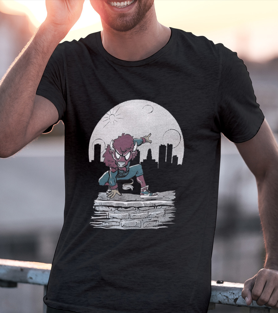 Bison Be A Hero Buffalo Bills Cityscape Dynamic Pose T-Shirt
