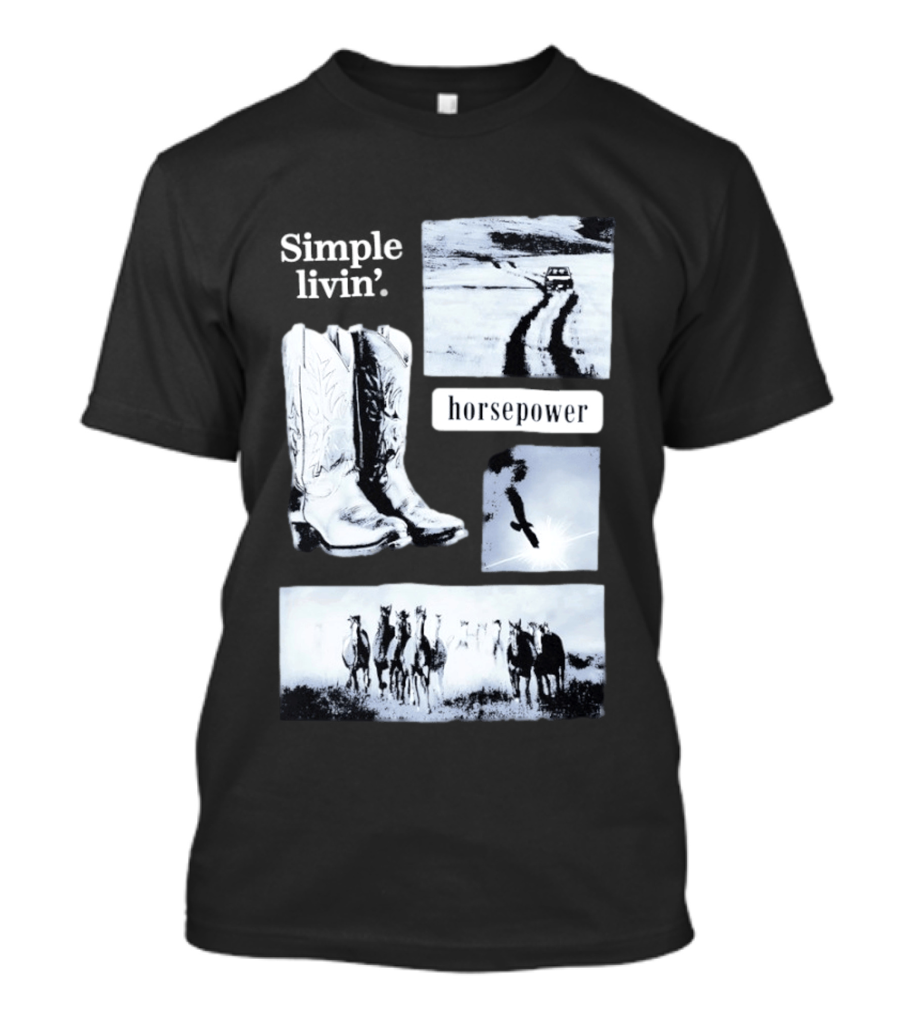 Country Roads Cowboy Boots Horsepower Rustic Horse Scene T-Shirt