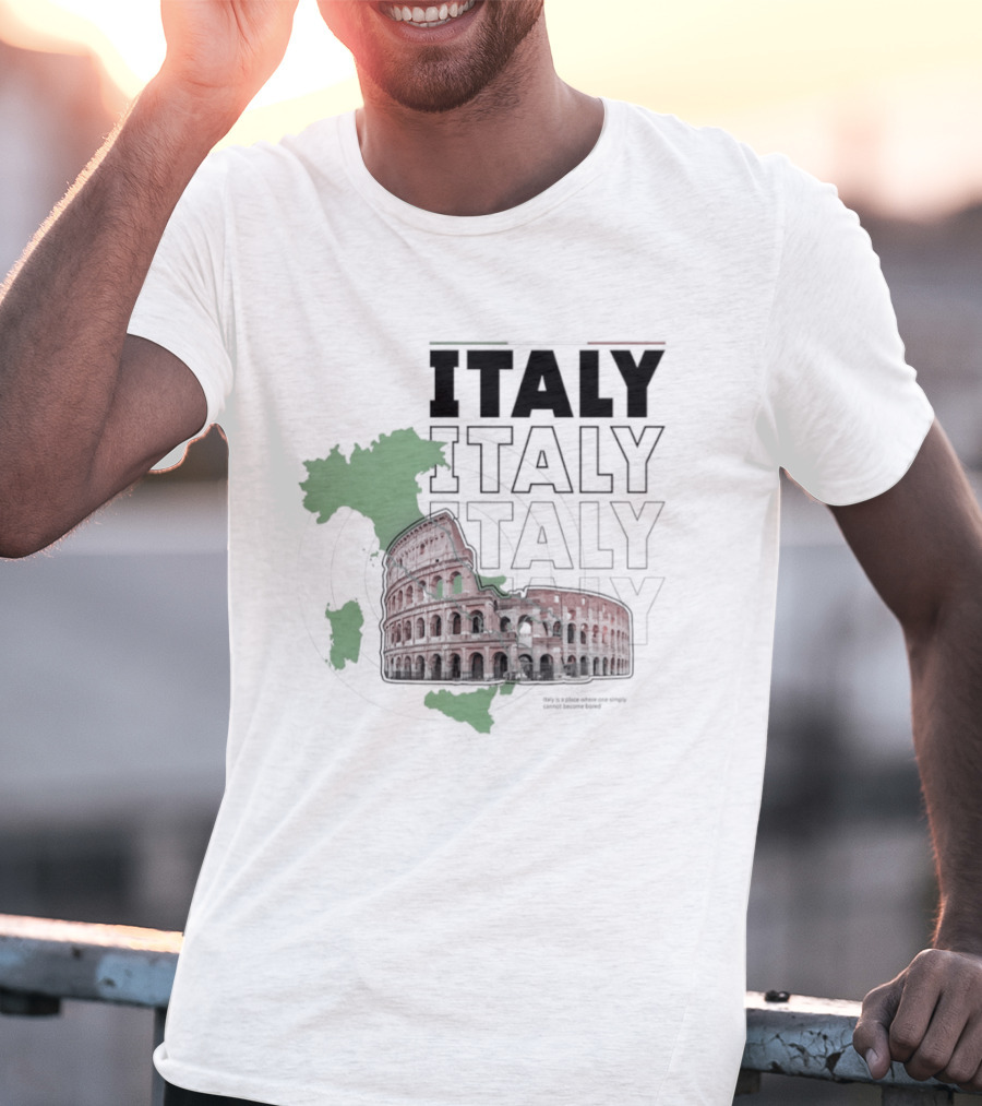 Italy Map And Colosseum Iconic Landmarks Text Heavy Exploration T-Shirt