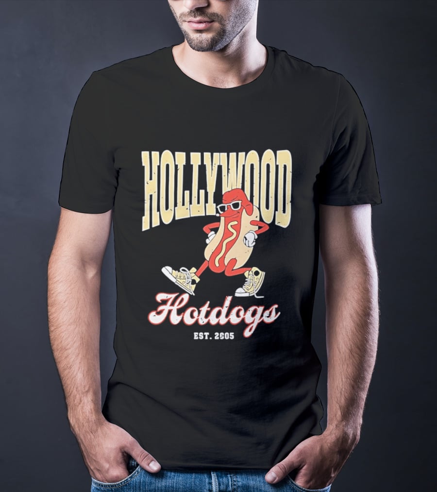 Hollywood Hotdogs Cool Mustard Character With Sunglasses Est 2005 T-Shirt
