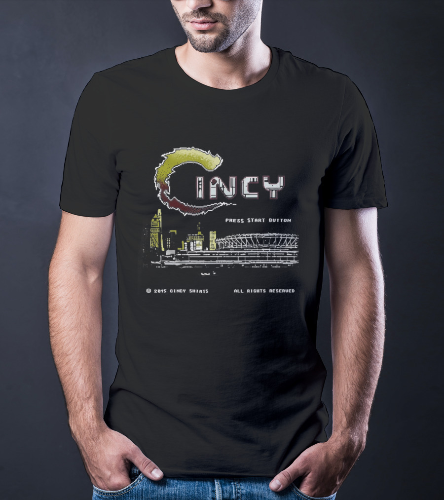 Cincy Press Start Button Pixel Game Cincinnati Reds Skyline T-Shirt