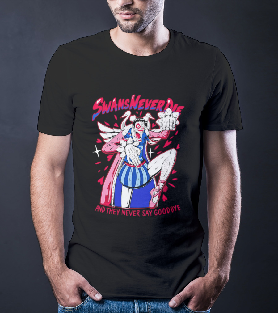 Swans Never Die And They Never Say Goodbye Winged Character Blue Striped Outfit T-Shirt