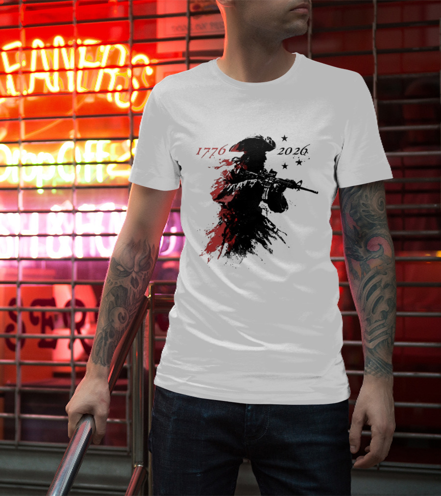 Patriotic Soldier 1776 2026 Black And Blood Rifle Painting T-Shirt