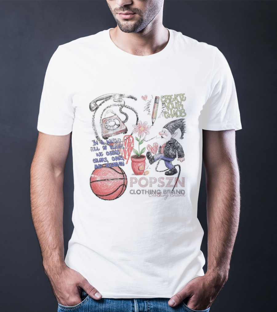 Popszn Create Your Chaos Basketball Gnome And Vintage Phone With Heart Flower T-Shirt