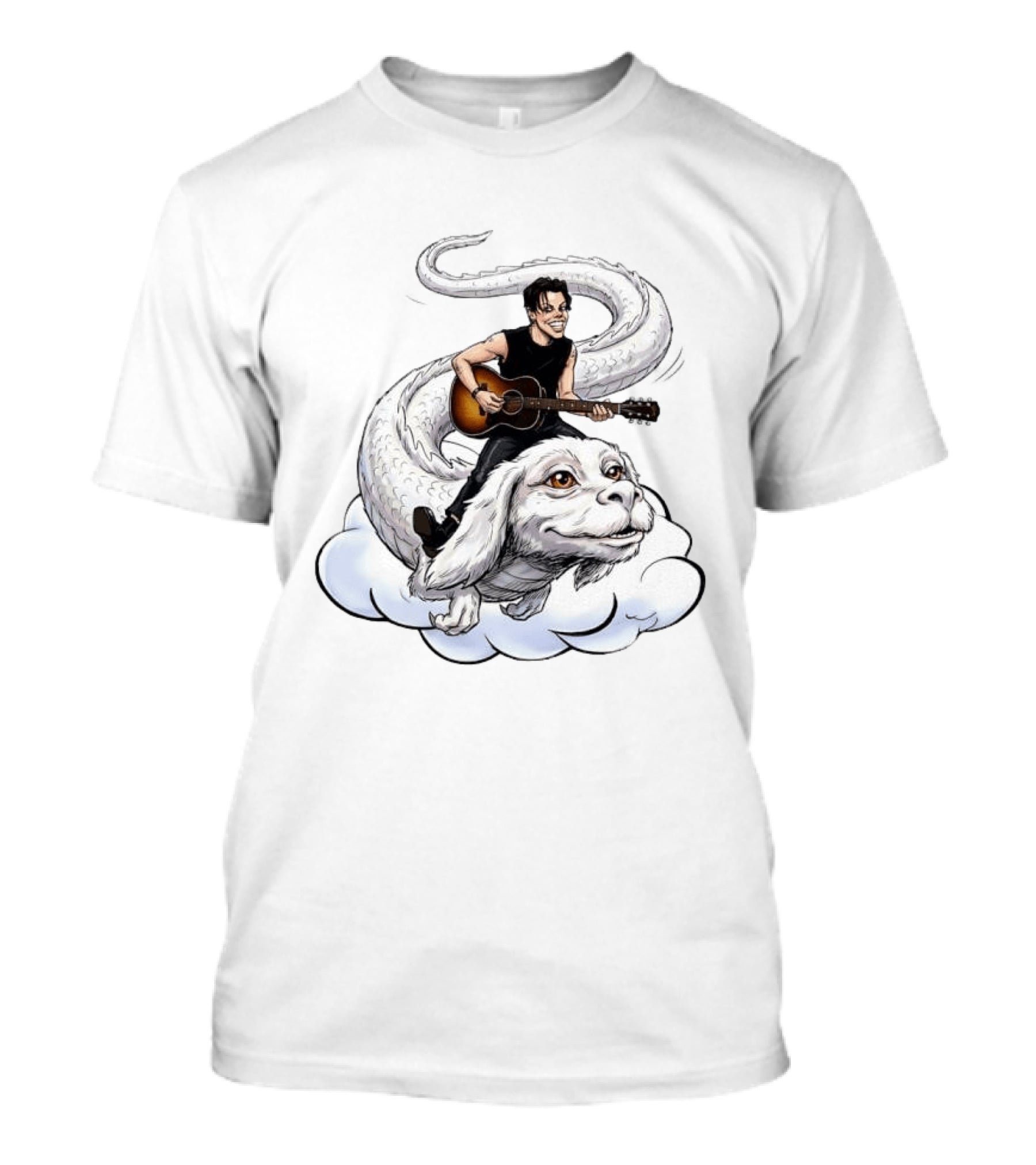Rock God With Guitar On Falkor Flying Creature Inspired Fantasy Scene T-Shirt
