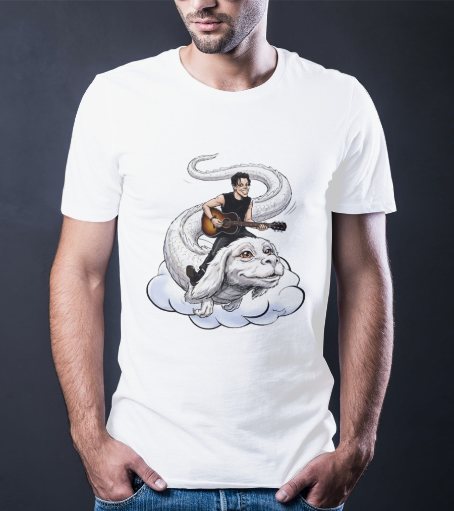 Rock God With Guitar On Falkor Flying Creature Inspired Fantasy Scene T-Shirt