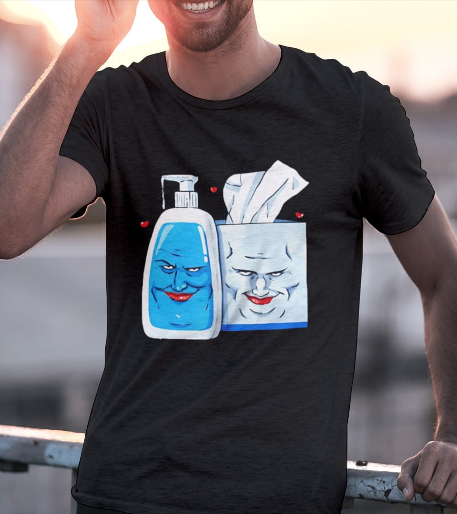 Smiling Blue Lotion Bottle And Tissue Box Meme With Red Lips And Hearts T-Shirt
