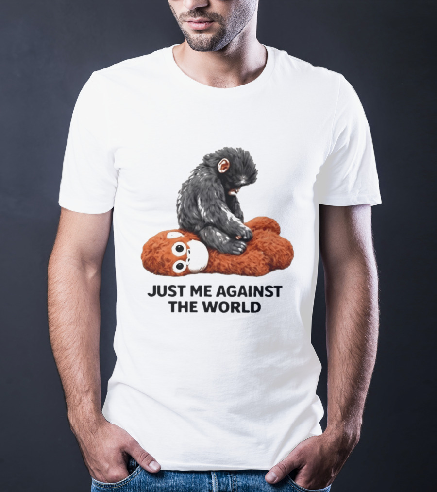 JUST ME AGAINST THE WORLD Gorilla Plush Toy Sitting On Panda T-Shirt