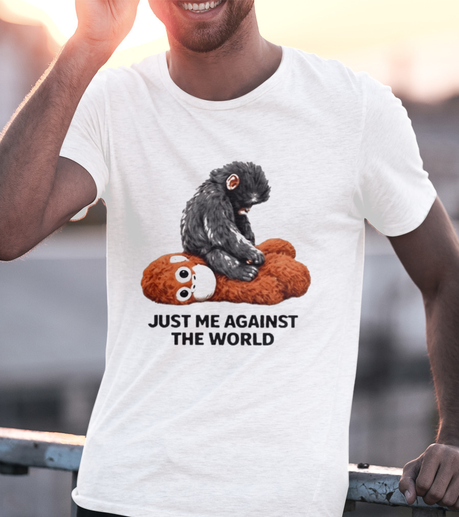 JUST ME AGAINST THE WORLD Gorilla Plush Toy Sitting On Panda T-Shirt