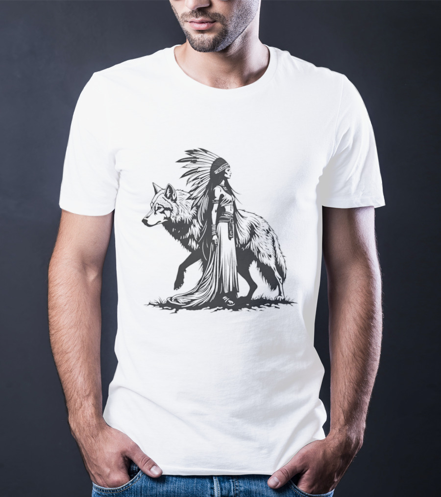 Native Woman And Wolf Connection Tribal Spirit Headdress T-Shirt