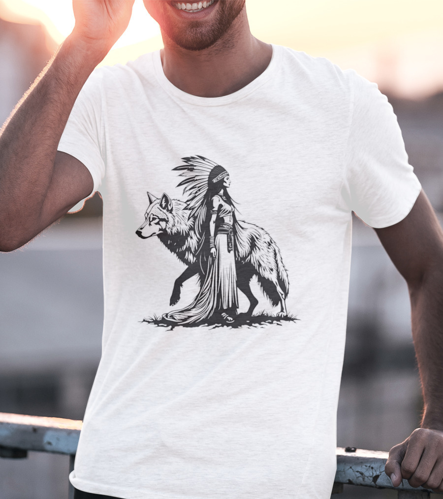 Native Woman And Wolf Connection Tribal Spirit Headdress T-Shirt