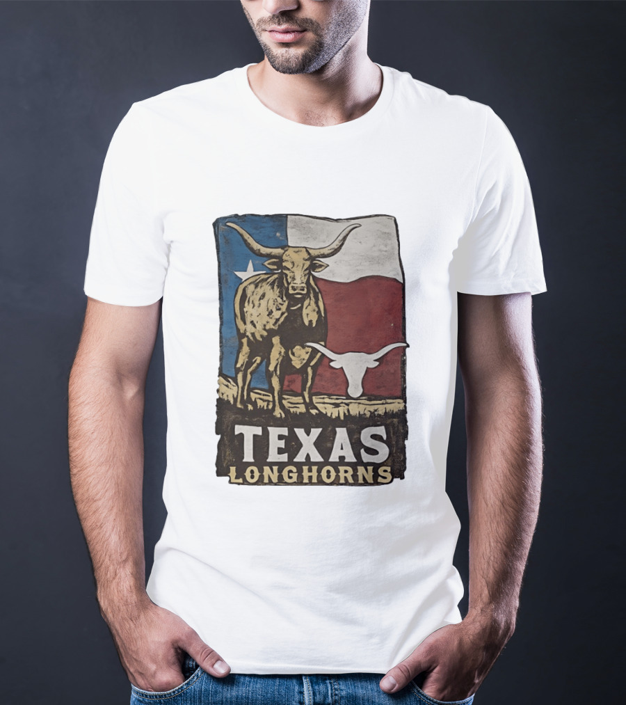 Texas Longhorns Flag Vintage Style Cow T-Shirt