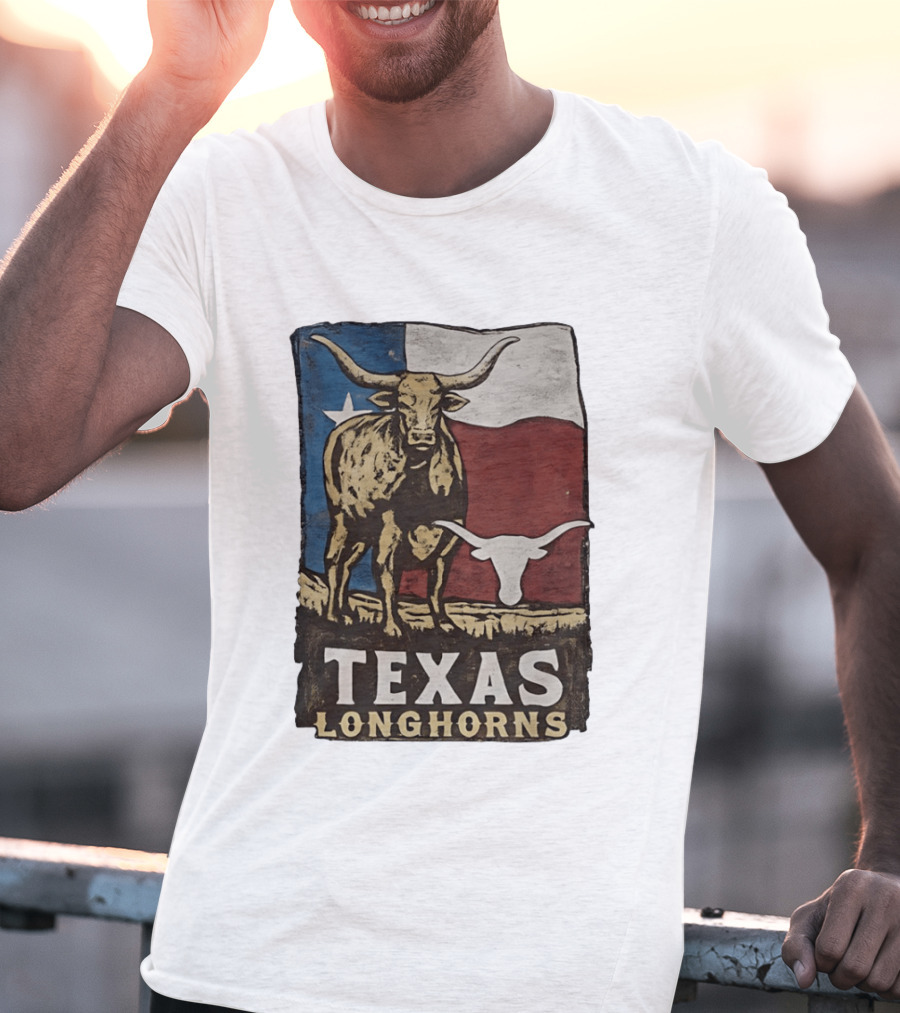 Texas Longhorns Flag Vintage Style Cow T-Shirt
