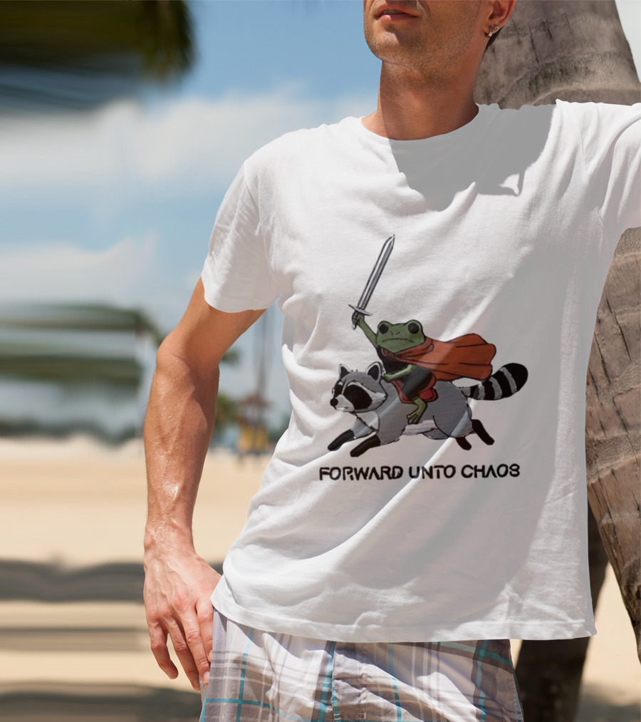 Embroidered Sword Wielding Frog Riding Raccoon Forward Unto Chaos T-Shirt