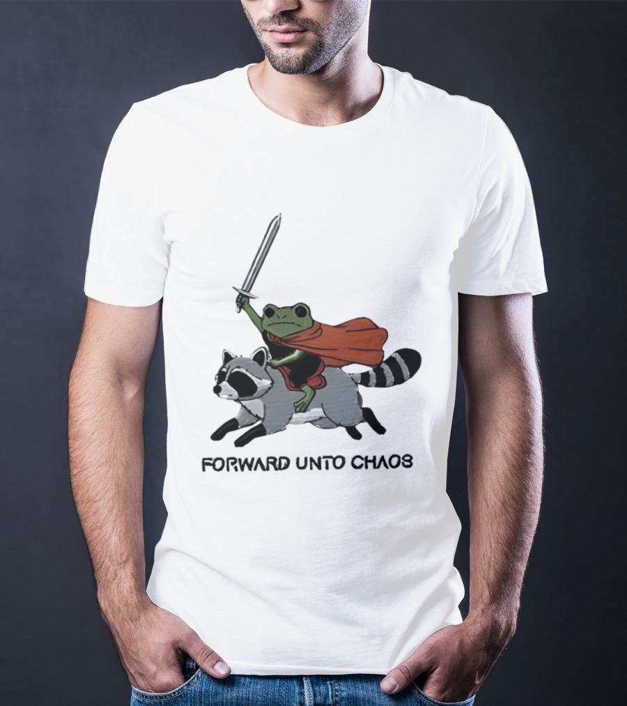 Embroidered Sword Wielding Frog Riding Raccoon Forward Unto Chaos T-Shirt