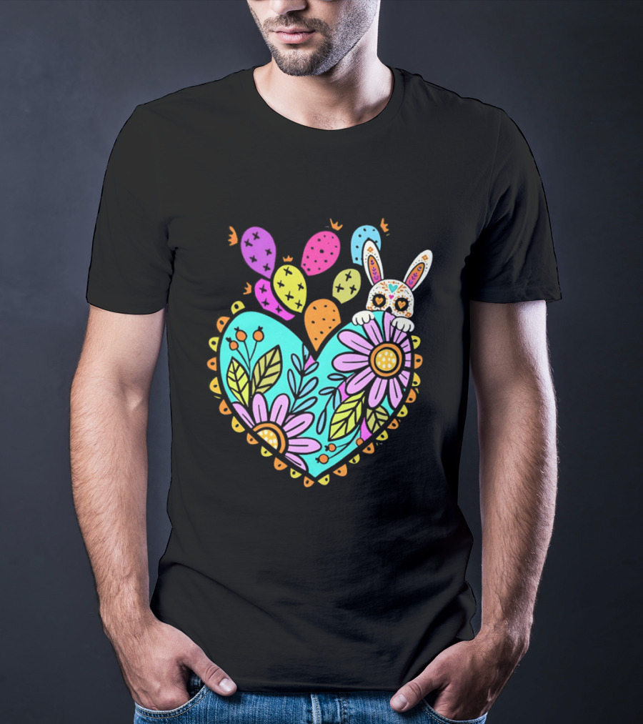 Easter Day Rabbit Holding Heart Sagrado Corazon Floral Bunny Balloons T-Shirt