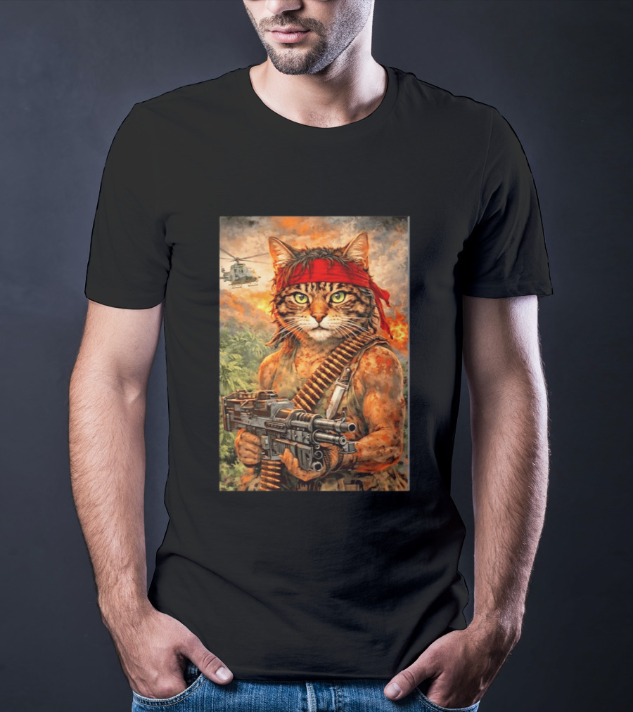 Rambo Cat With MG 3 Gun On Battlefield With Helicopter And Jungle Backdrop T-Shirt