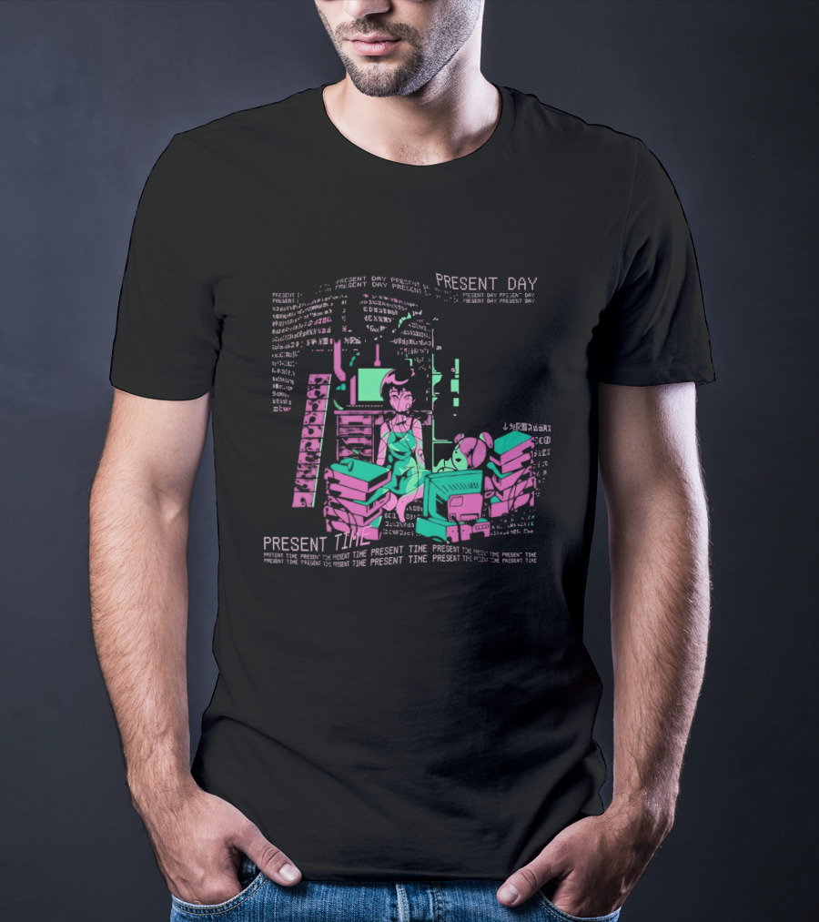 Connect To The Wired Present Day Present Time Retro Tech Aesthetic Stack Of Devices T-Shirt
