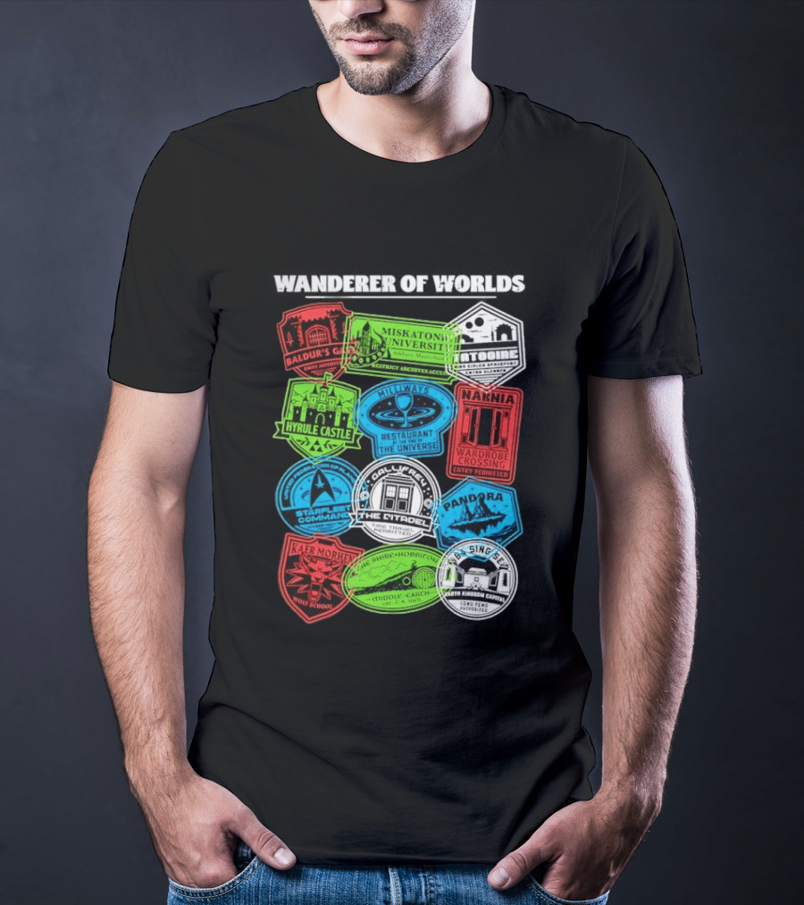 Wanderer Of Worlds Travel Stamps Baldur's Gate Miskatonic Hyrule Middle Earth Narnia T-Shirt