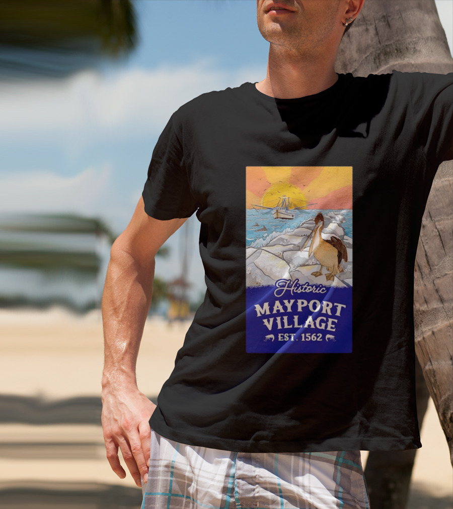 Historic Mayport Village EST 1562 Ocean Sunrise Pelican And Fishing Boat T-Shirt