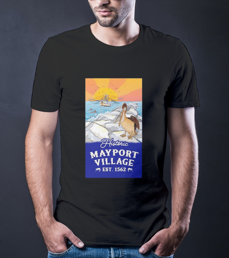Historic Mayport Village EST 1562 Ocean Sunrise Pelican And Fishing Boat T-Shirt