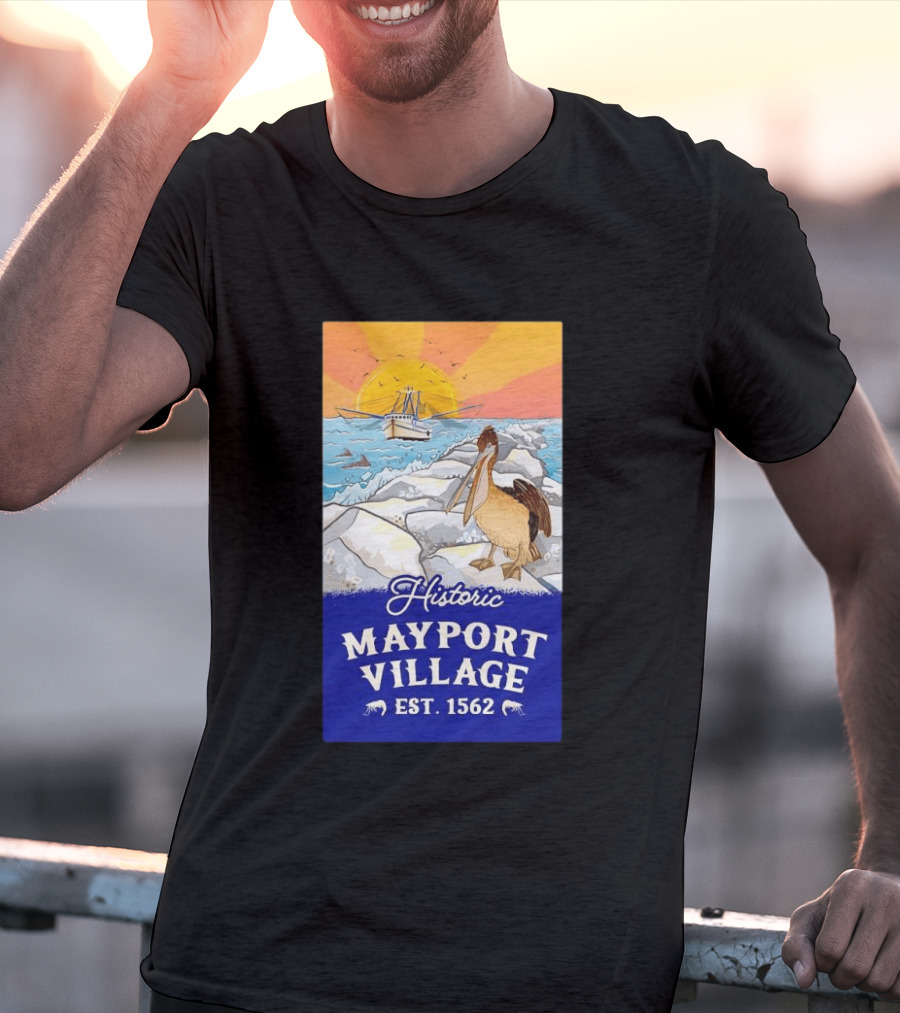 Historic Mayport Village EST 1562 Ocean Sunrise Pelican And Fishing Boat T-Shirt