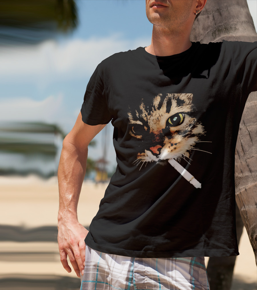 Cat Smoking Big Head Meme Artfully Distorted Feline Expression T-Shirt