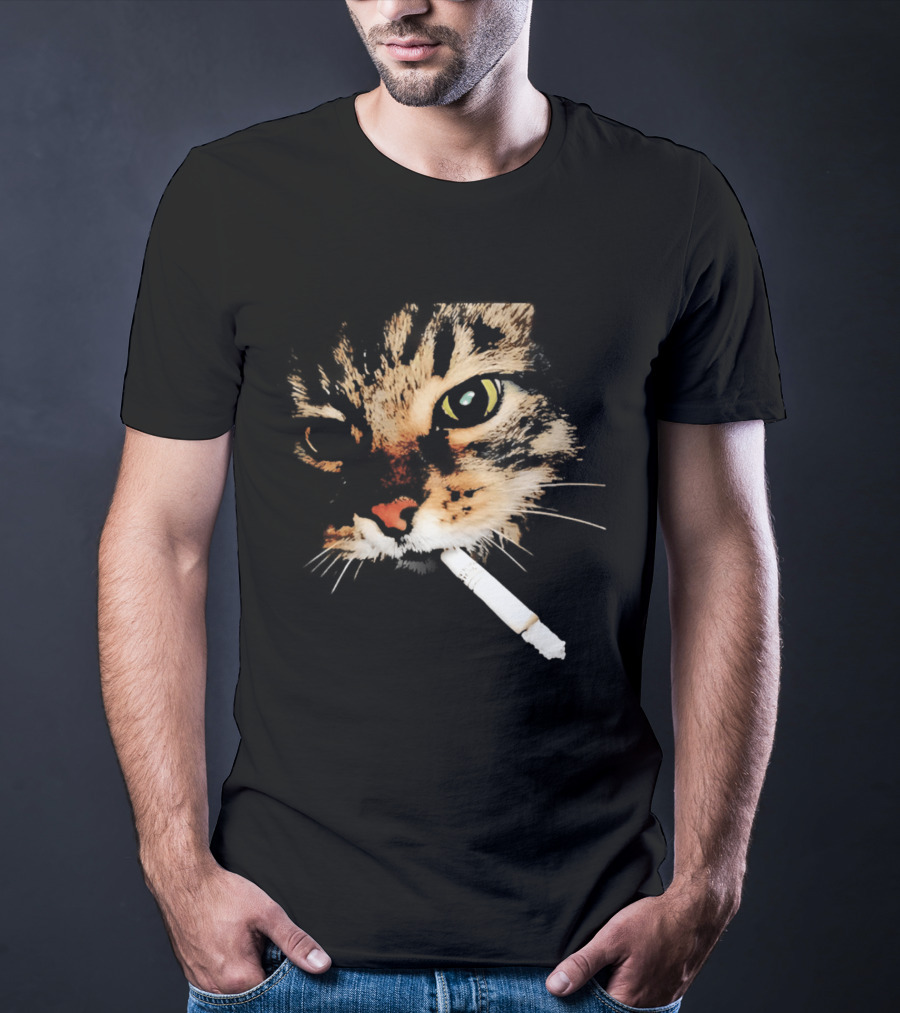 Cat Smoking Big Head Meme Artfully Distorted Feline Expression T-Shirt