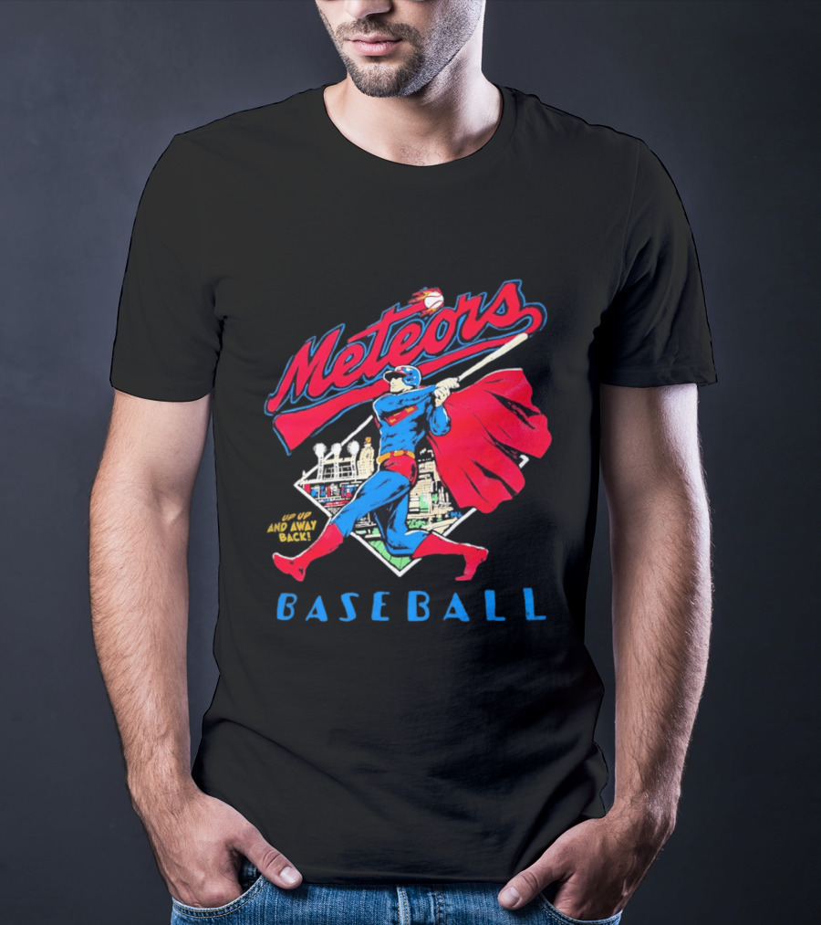 Meteors Baseball Superhero Swinging Bat Power City Stadium Iconic Comic T-Shirt