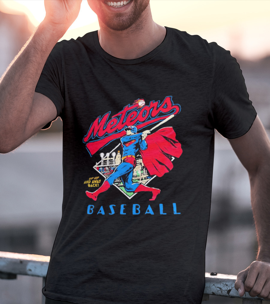Meteors Baseball Superhero Swinging Bat Power City Stadium Iconic Comic T-Shirt