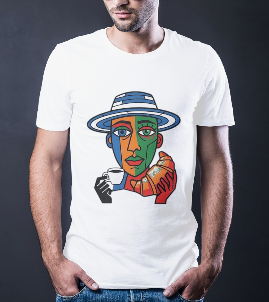 Cubist Coffee Drinker With Hat And Croissant T-Shirt