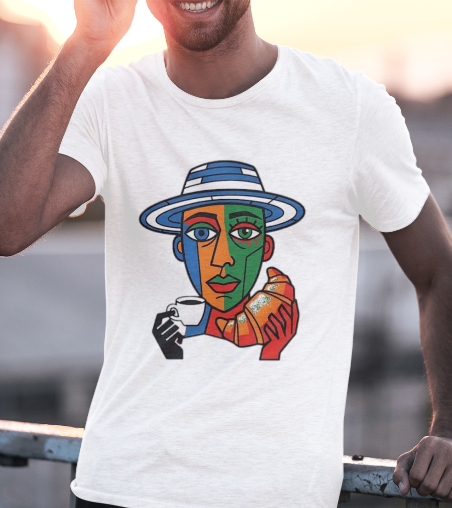 Cubist Coffee Drinker With Hat And Croissant T-Shirt