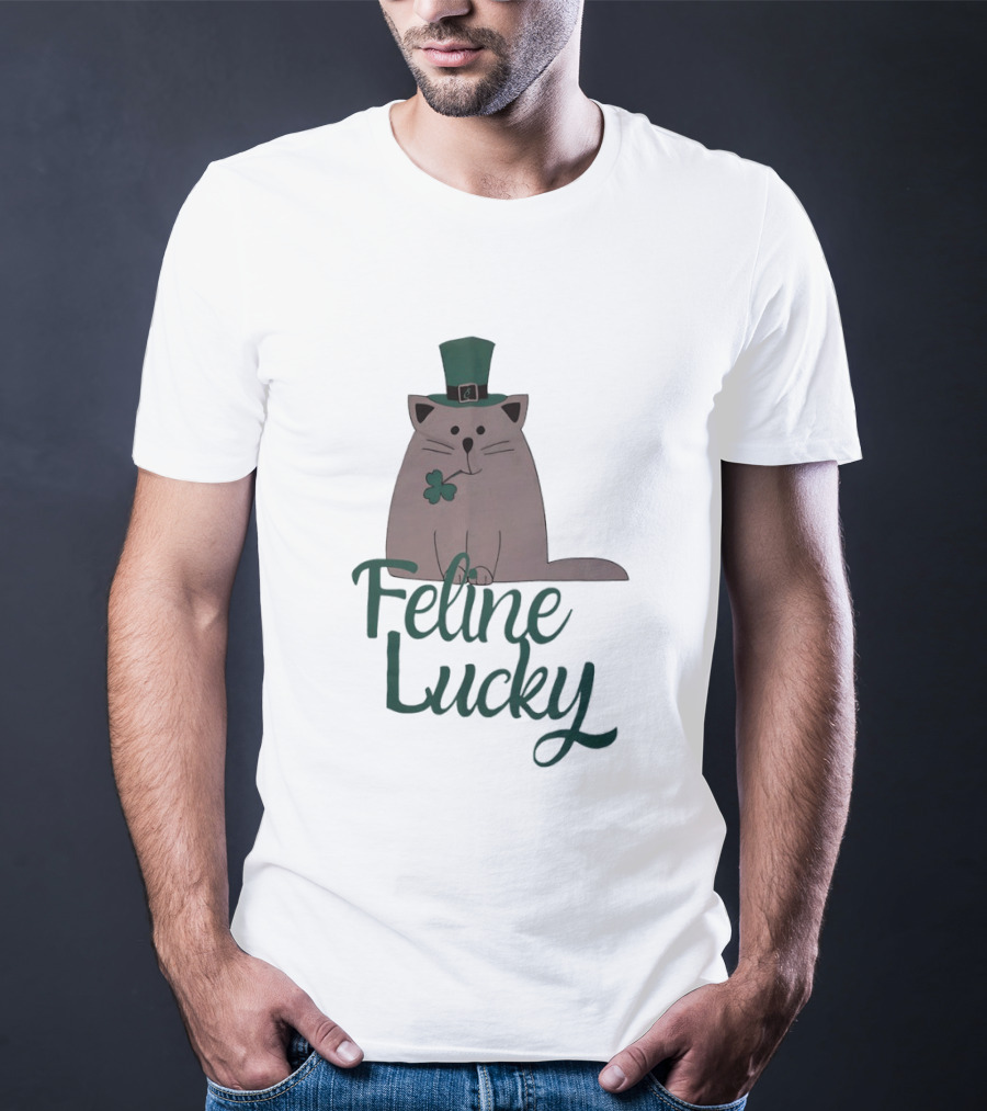 St Patrick's Day Feline Lucky Cat With Shamrock Hat T-Shirt