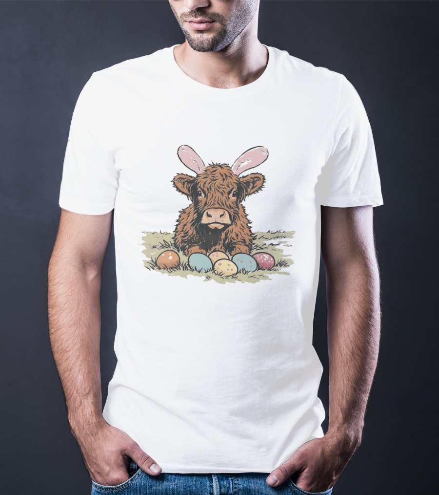 Highland Cow With Easter Eggs And Bunny Ears Easter Day 2026 T-Shirt