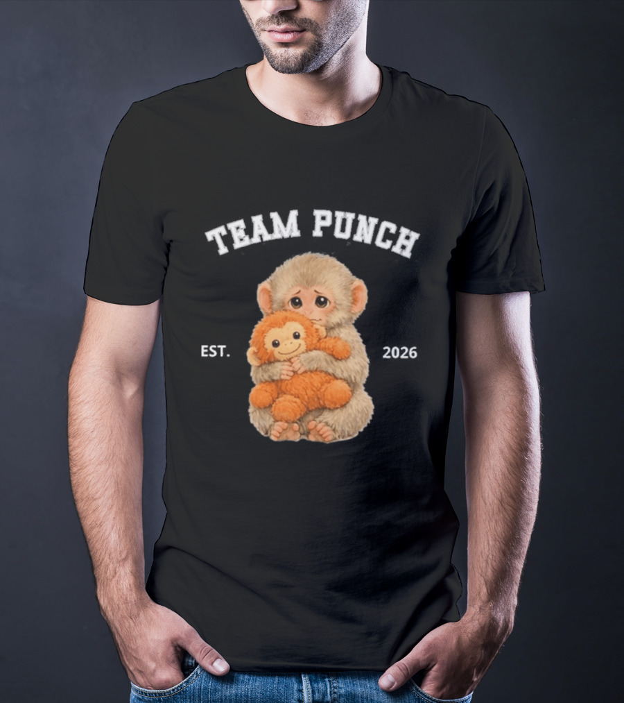 Team Punch Monkey EST 2026 Cute Baby Monkey Holding Plush Toy T-Shirt