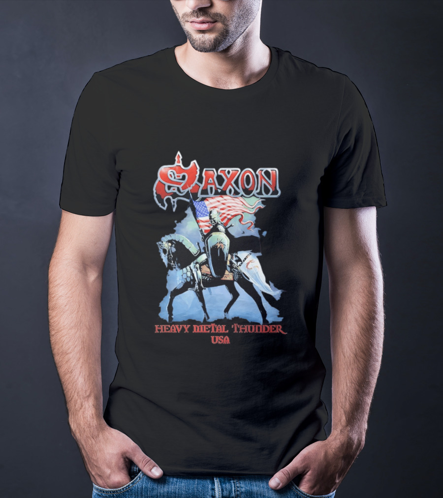 Saxon Heavy Metal Knight With American Flag USA T-Shirt