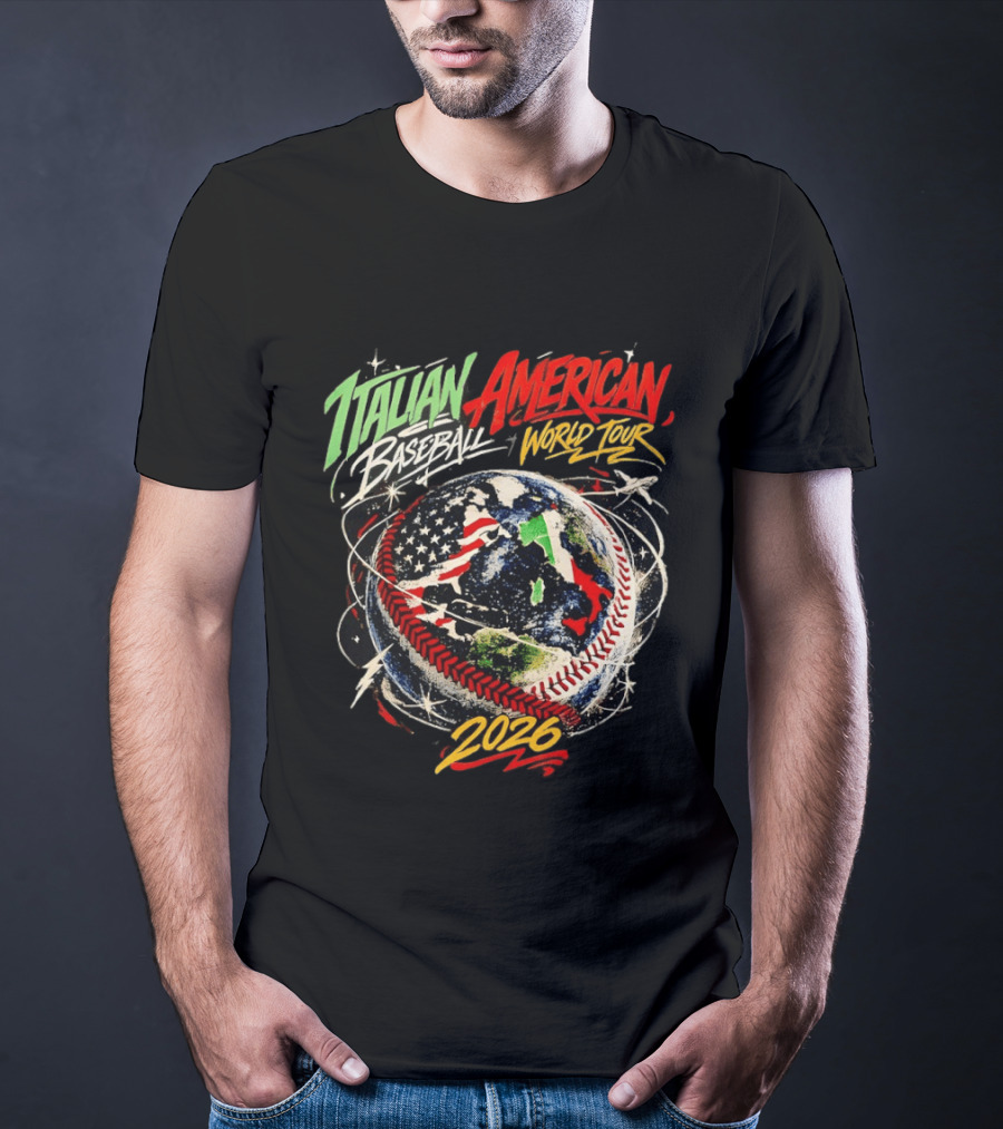Italian American Baseball World Tour 2026 Flag Design Globe Baseball T-Shirt