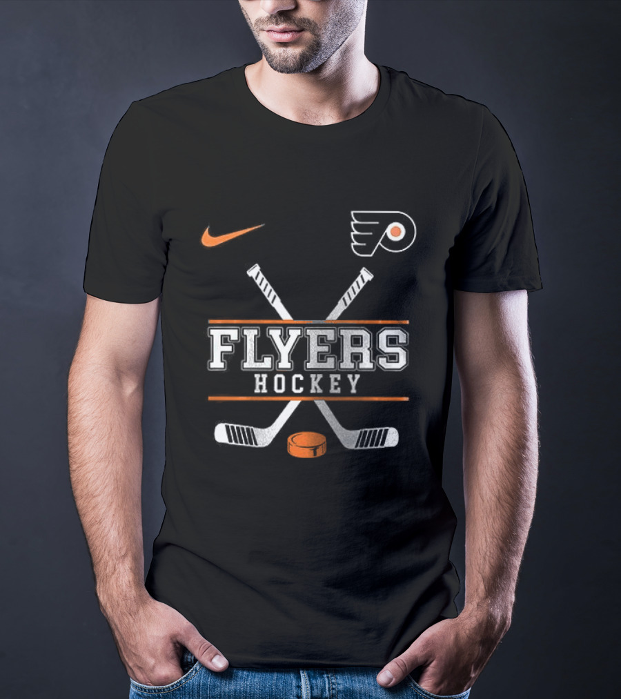 Philadelphia Flyers Nike Hockey Crossed Sticks And Puck T-Shirt
