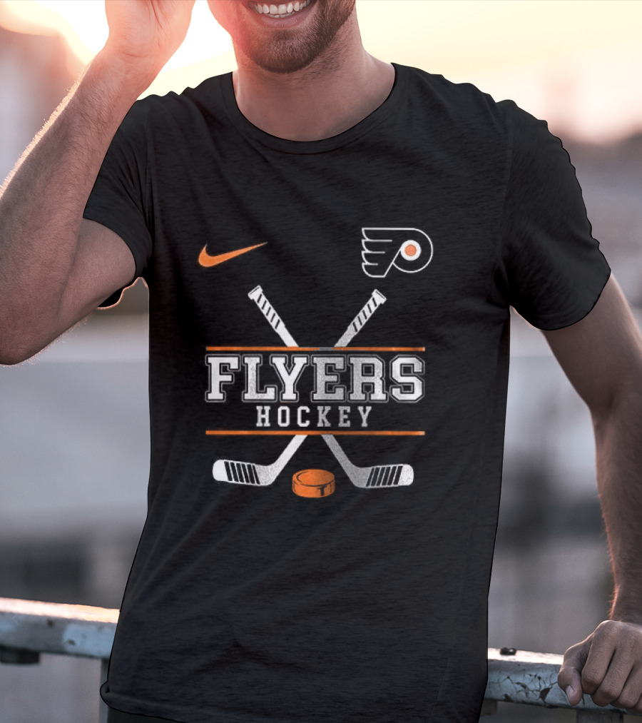 Philadelphia Flyers Nike Hockey Crossed Sticks And Puck T-Shirt